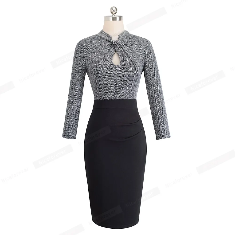لطيفة-للأبد خمر موقف طوق ارتداء للعمل خليط طويل كم vestidos حزب العمل Bodycon النساء مكتب اللباس B475