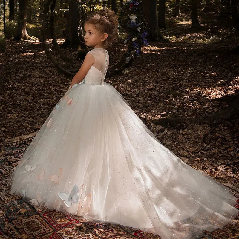 

Ivory Tulle Flower Girl Dress Fancy Butterfly Decoration Sheer Neckline Cap Sleeves Kids Pageant Ball Gowns with Rhinestones