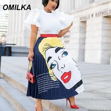 OMILKA мультфильм с принтом букв хип-хоп юбки Лето Для женщин Высокая Талия Винтаж плиссированные большие качели клуб вечерние Street юбка