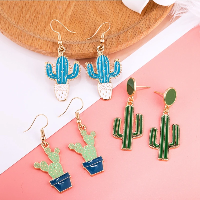 

Cute Cactus Enamel Pendientes Drop Earrings For Women Blue Green Plant Korean Dangle Earrings Female Fashion Jewelry 2019