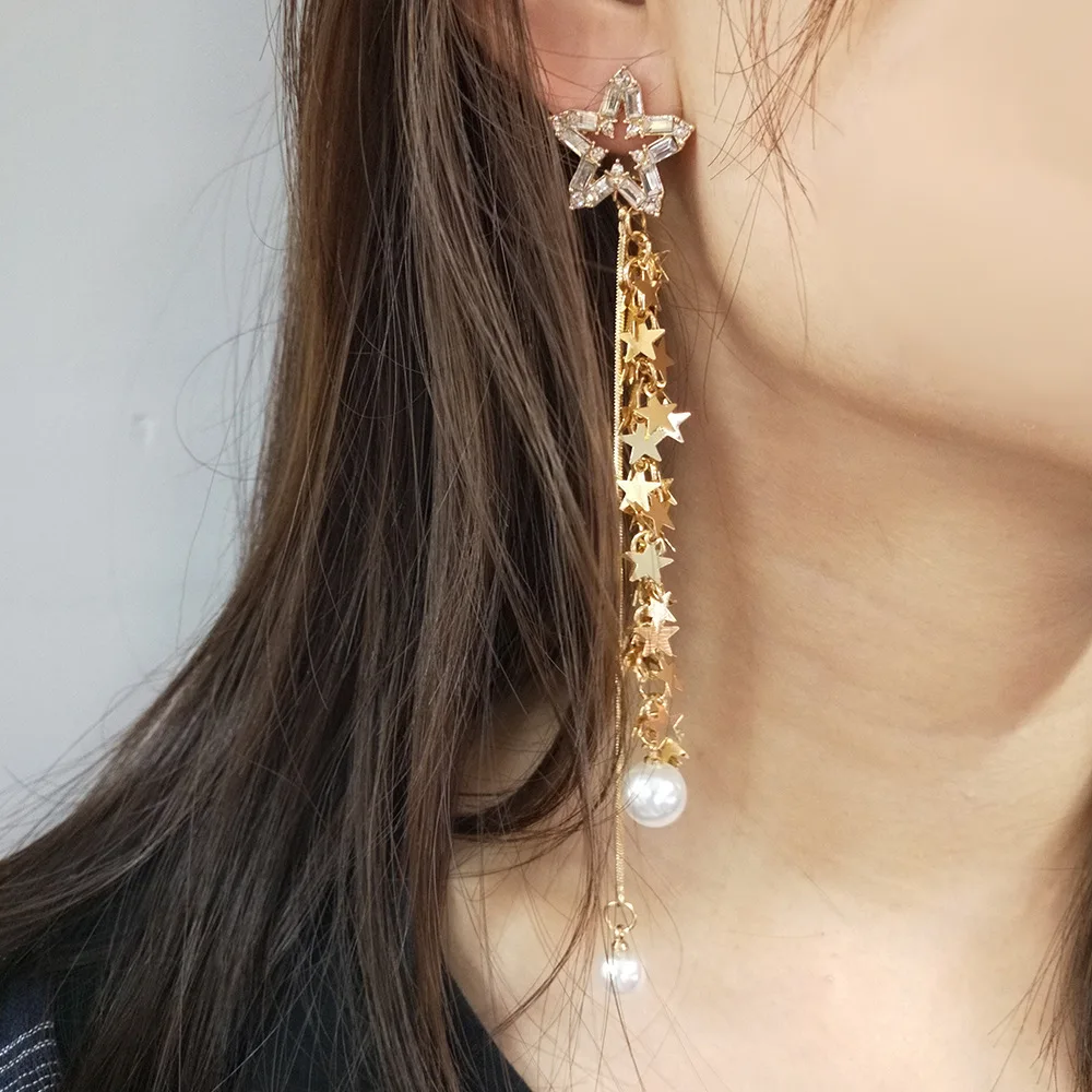 

JOUVAL Gold Alloy Long Stars Chain Tassel Earrings Bride Pearl Dangle Earring For Women Crystal Drop Earings Boho Bijoux Brincos