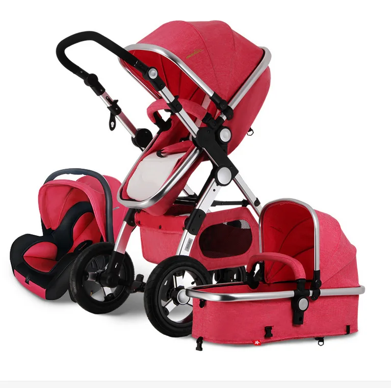 Детская коляска 3 в 1 с высоким видом, Роскошная детская коляска-коляска с автомобильным сиденьем, детская коляска, автомобильная дорожная система, колыбель, коляска - Цвет: Красный