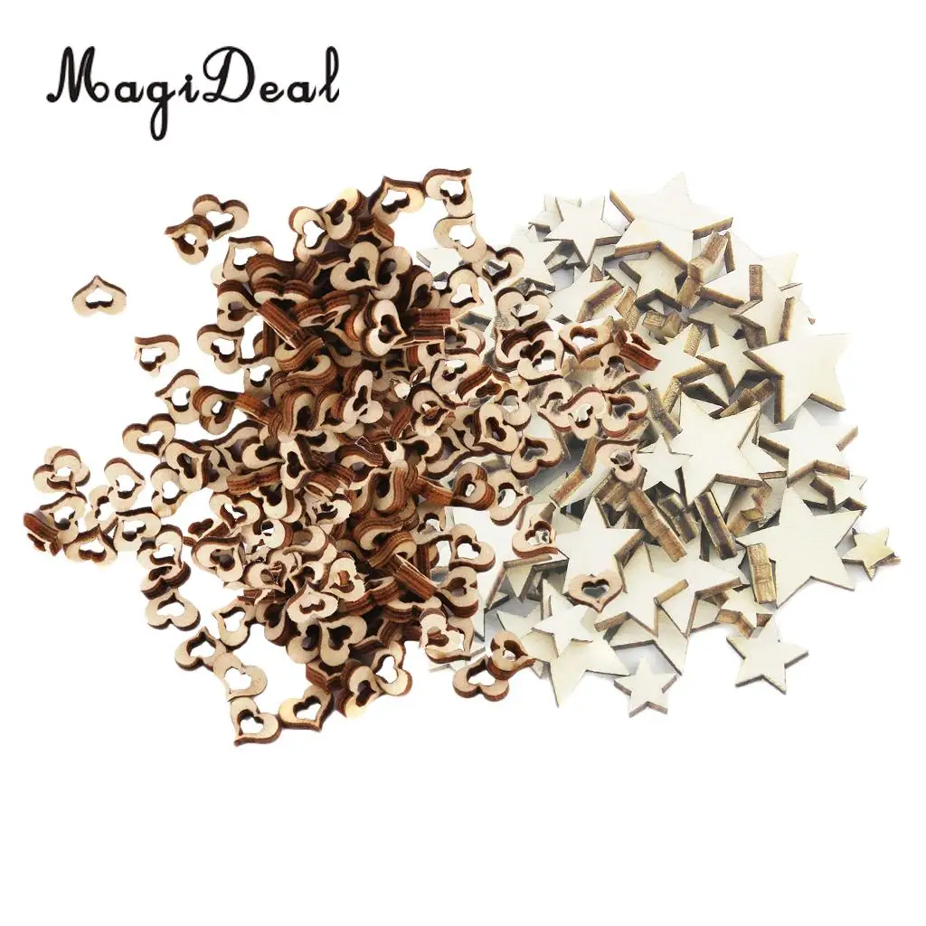 200pcs Rustic Wood Slices Wood Heart Embellishment Star Shapes Wedding Decoration Centerpieces Table Ornaments