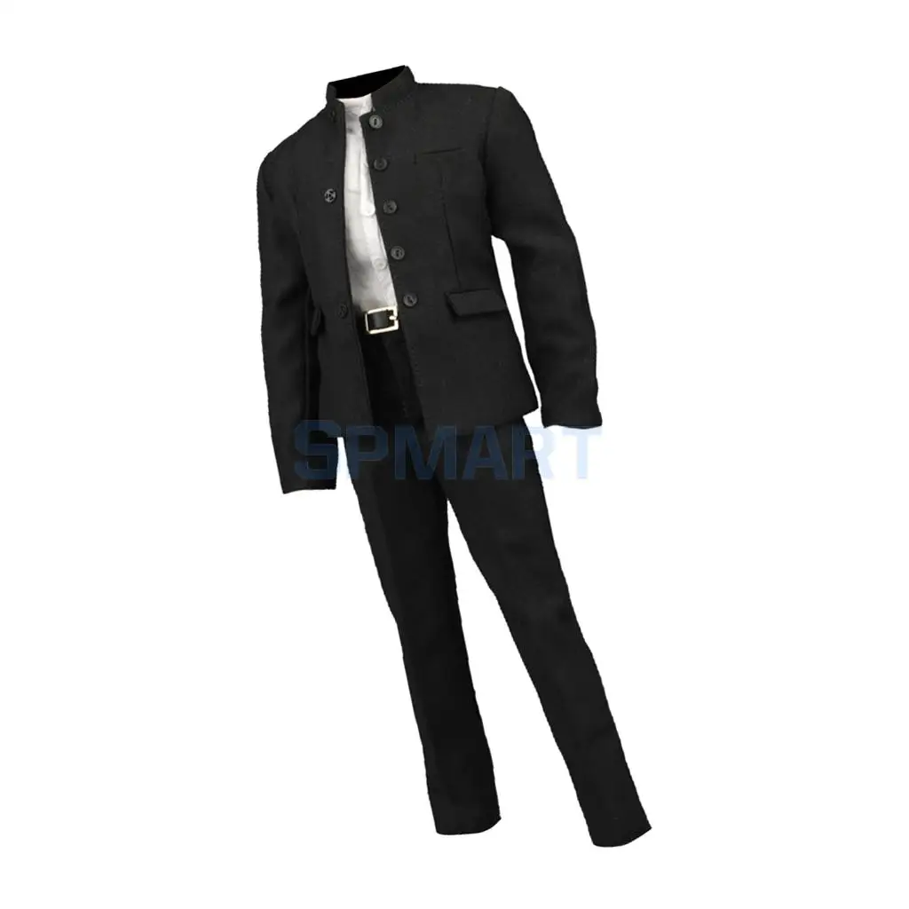 1/6 Scale Black Chinese Tunic Suit Coat Pants Shirt & Belt Set for 12