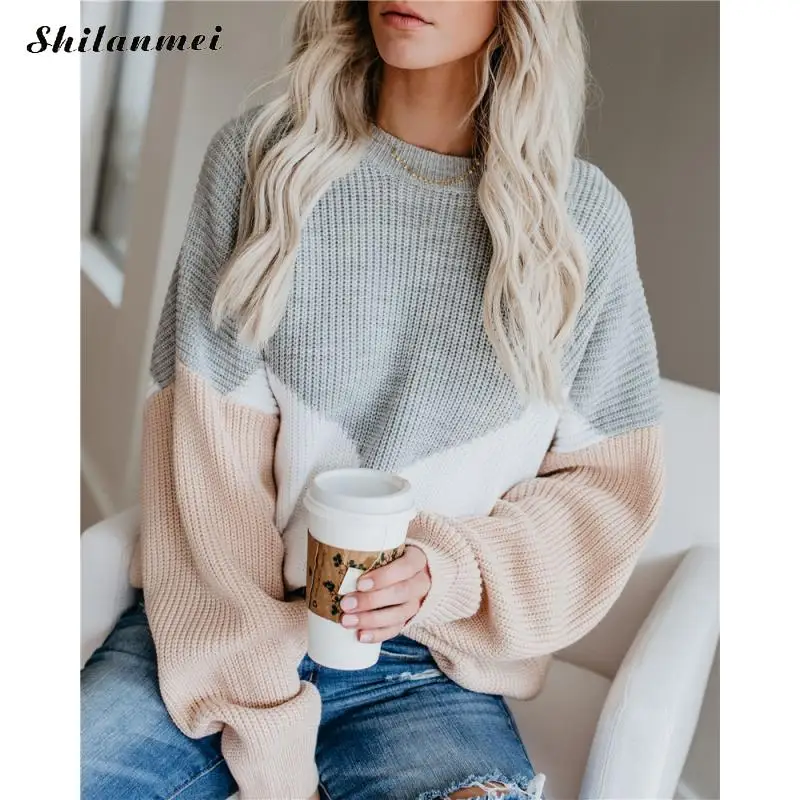 

Winter Knitted Sweater Long Sleeve Patchwork Batwing Sleeve Loose Tops Oversize Korean Sweater Pullover Fashion Jumper Sweaters