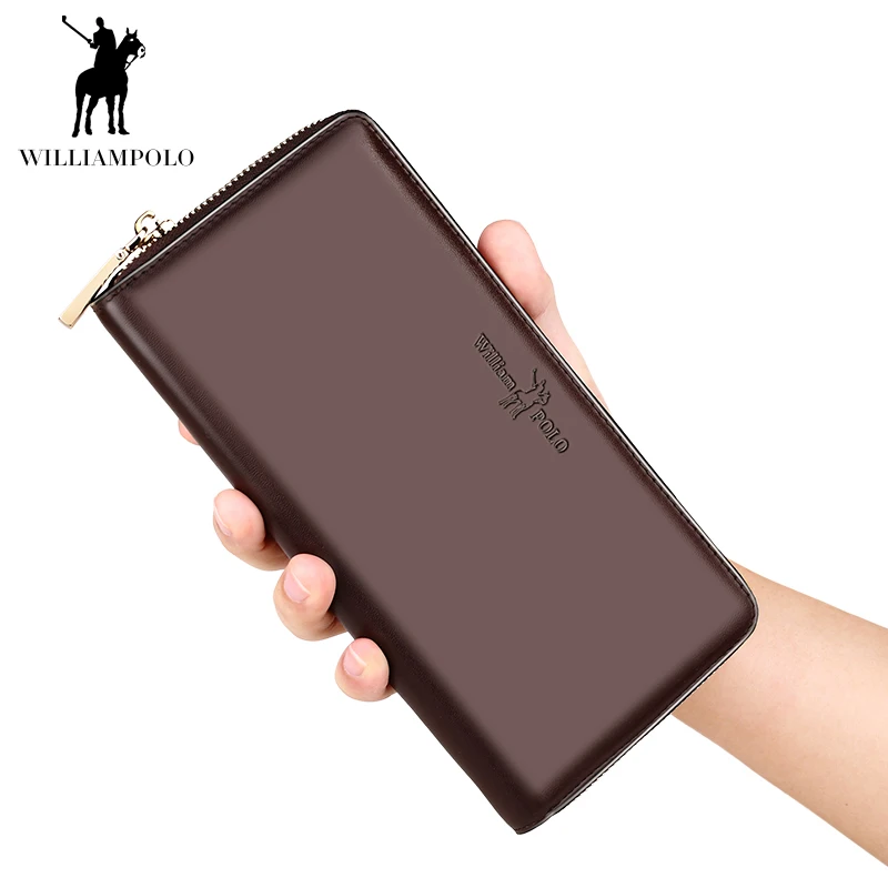 

Business Men Long Genuine Leather Clutch Bags Big Wallet for Cellphone Williampolo Credit Card Holder Wallet with Zipper
