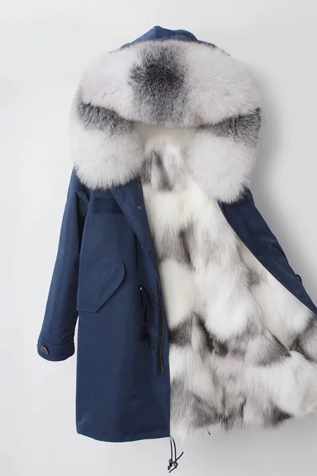 Женская парка из натурального меха, зимняя теплая большая шуба из натурального Лисьего меха с роскошным поперечным лисьим мехом, зимняя куртка, женская верхняя одежда - Цвет: Королевский синий