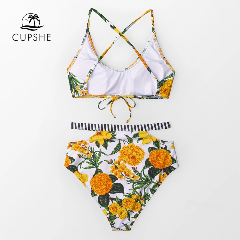 Günstig CUPSHE Sexy Gelb Blumen Paradise High taille Bikini Sets Frauen Ausschnitt Zwei Stücke Badeanzüge 2020 Mädchen Strand Badeanzüge