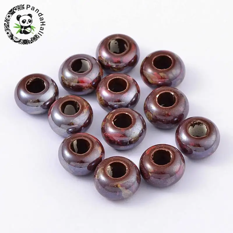 

15mm Handmade Porcelain Beads, Pearlized, Rondelle, DarkRed, 10mm thick, Hole: 6mm,20pcs/lot