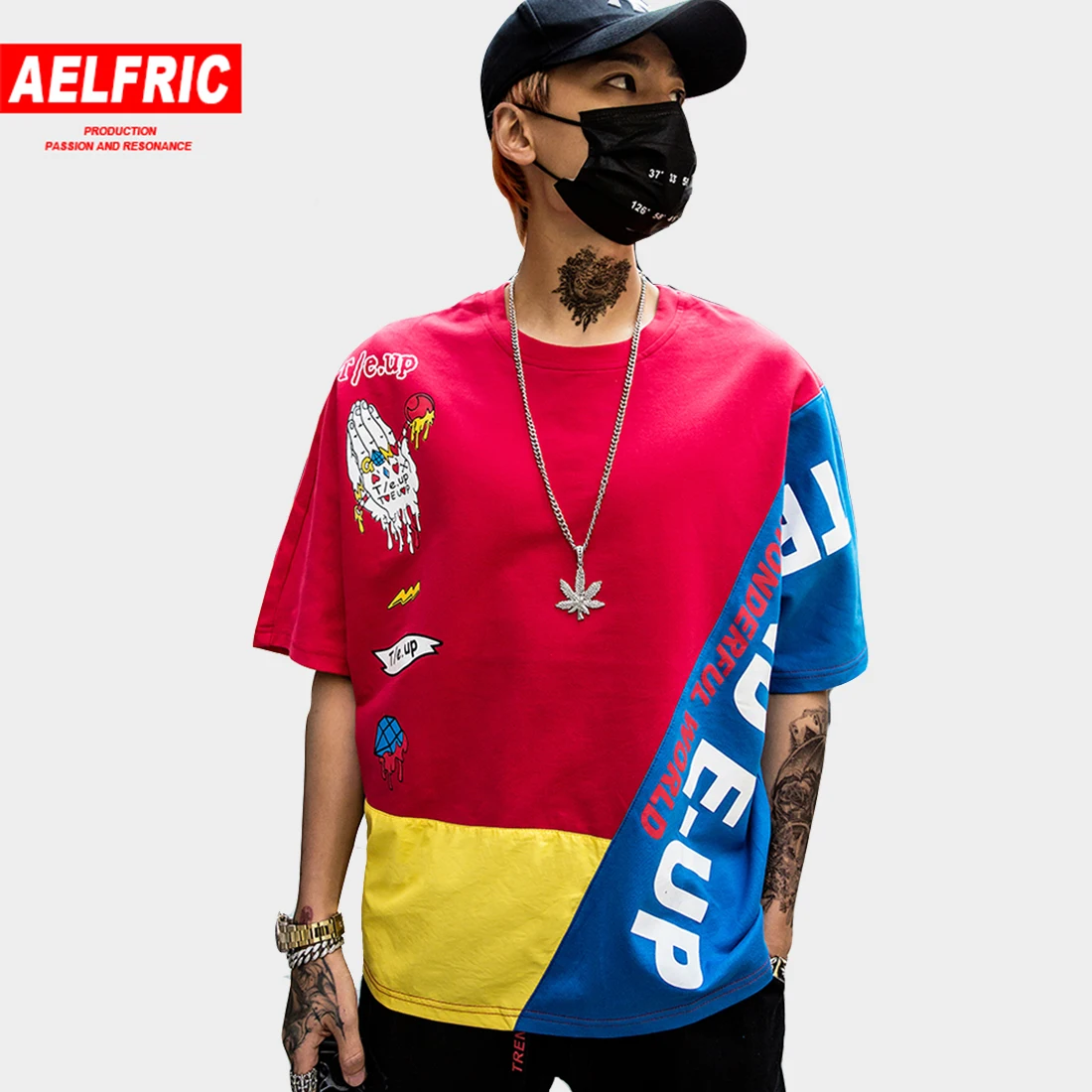 AELFRIC Цветные Лоскутные футболки, мужские уличные футболки с круглым вырезом и коротким рукавом, летние модные футболки для скейтборда, хип-хоп футболки