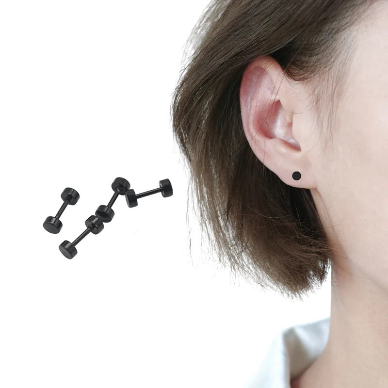 4Pcs Black Stud Earrings Set Jewellry For Men Women Punk Faux Gauges
