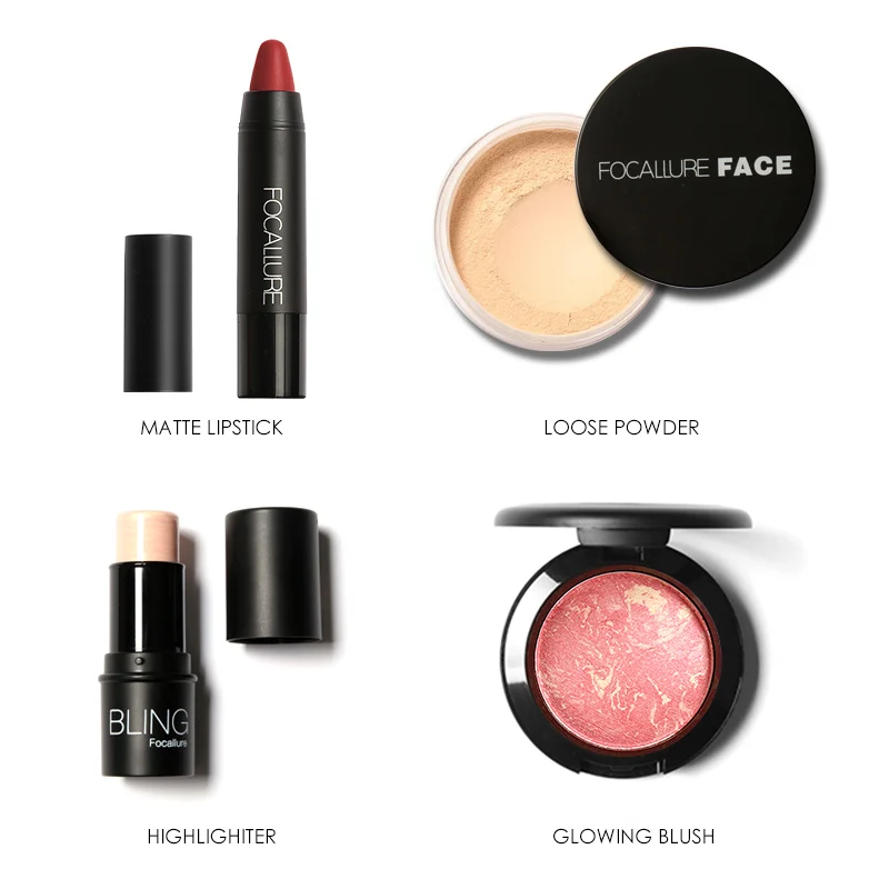 Focallure 8 pcs/set Makeup set including  Lipstick, eyeliner,Mascara, Eyeshadow, Eyebrow Powder,  Blush, Highlighter Cosmetics 