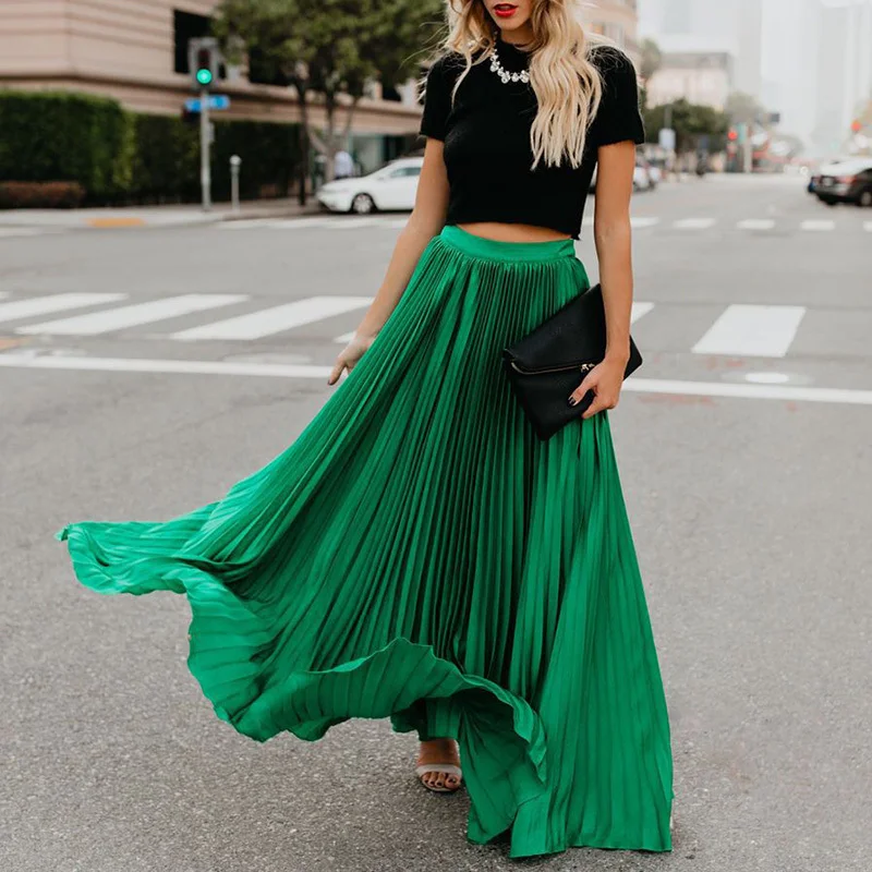 Holiday Style Pleated Women Skirts Ladies Solid Color Elastic High Waist Skirt Autumn Spring Casual Long Maxi Skirt Falda Larga