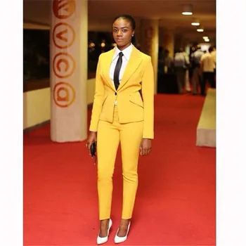 

Jacket+Pants Yellow Women Business Suits Blazer Female Office Uniform 2 Piece Suit Ladies Winter Formal Suits One Button Custom