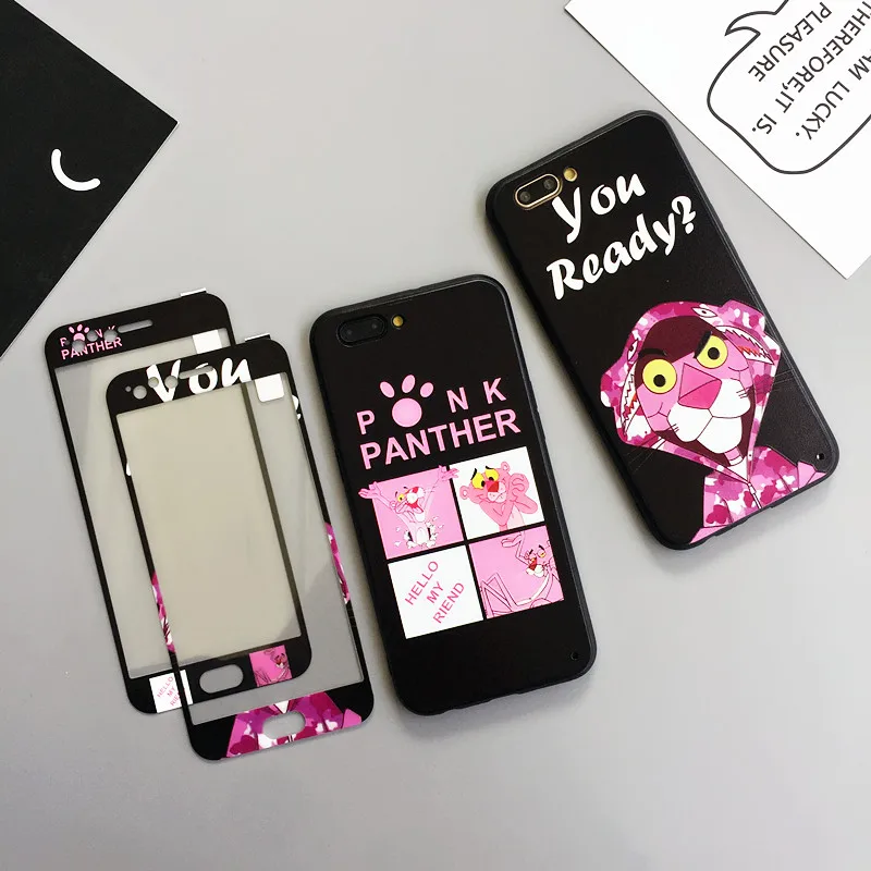 For Oppo r11s back case cute for r9s plus Pink Panther phone cover &amp cartoon tempered glass from film soft edge r15 r11 |