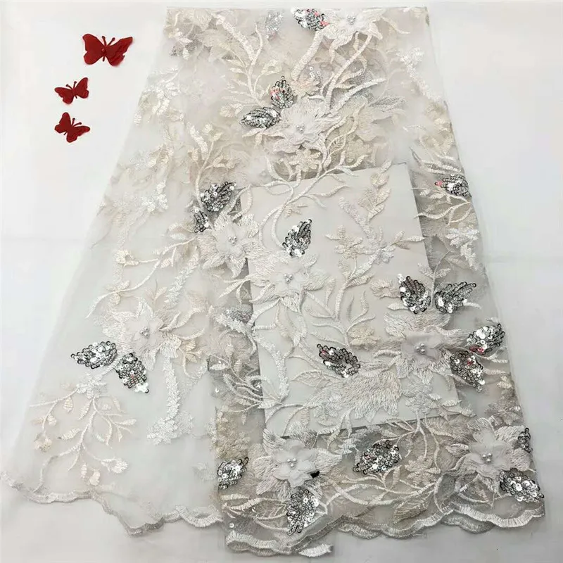 

2018 Popular Design 3D Flower Nigerian lace fabric For Bridal Dress With Beads French Mesh Lace Fabric HX1014-1
