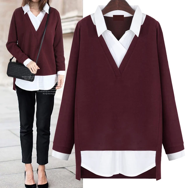 2018 autumn Women tops Fake two-piece Blouses women shirt Vintage turn-down collar shirts Loose slim Blusas Mujer plus size 5XL 2018 autumn Women tops Fake two-piece Blouses women shirt Vintage turn-down collar shirts Loose slim Blusas Mujer plus size 5XL