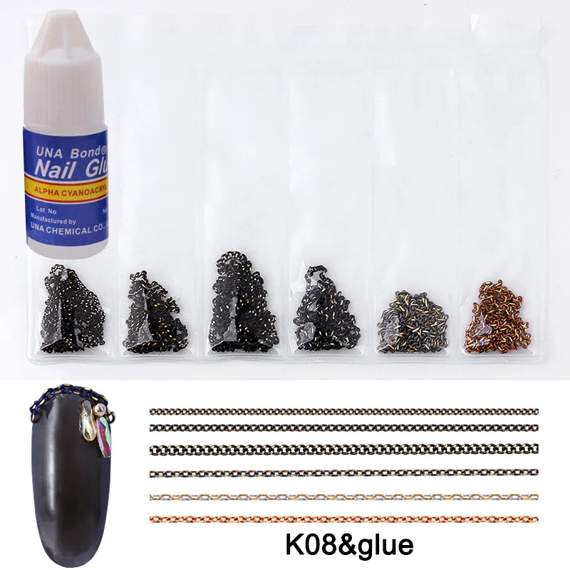 Лучший 6 шт./кор. 3D "сделай сам" в сдержанном стиле металлизированные для дизайна ногтей цепи с 3 г Клей для ногтей QQ99