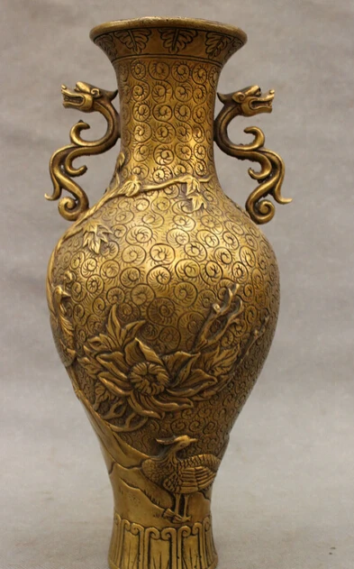 

JP S0608 12" Folk Chinese Bronze Dynasty Palace Dragon Phoenix Peacock Statue Pot Vase