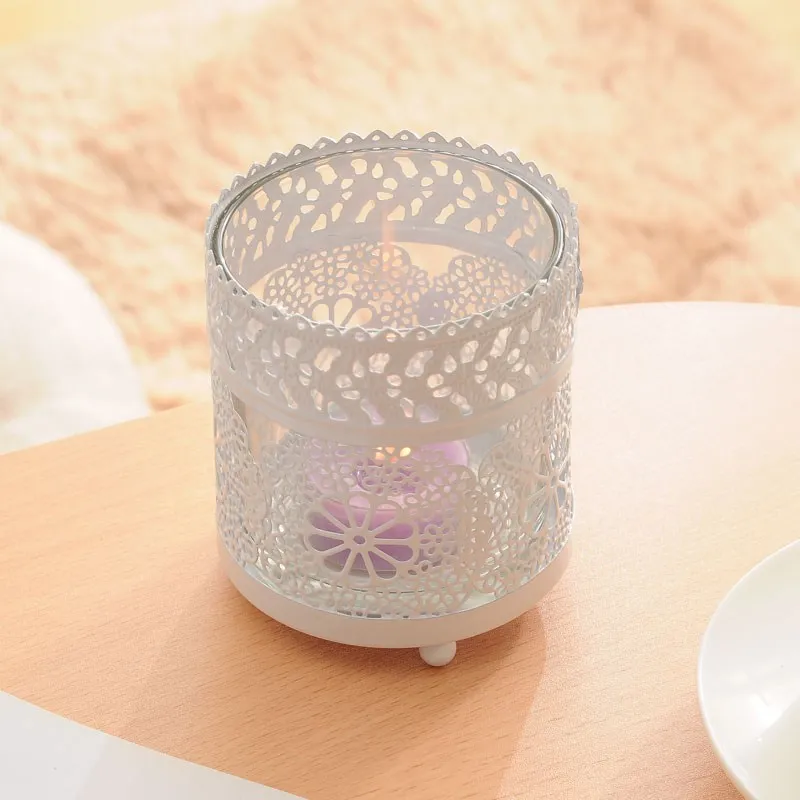 European Lace Accents Hollow Snowflake Design White Painted Iron Candle Holder with Glass Cup Inside European Lace Accents Hollow Snowflake Design White Painted Iron Candle Holder with Glass Cup Inside