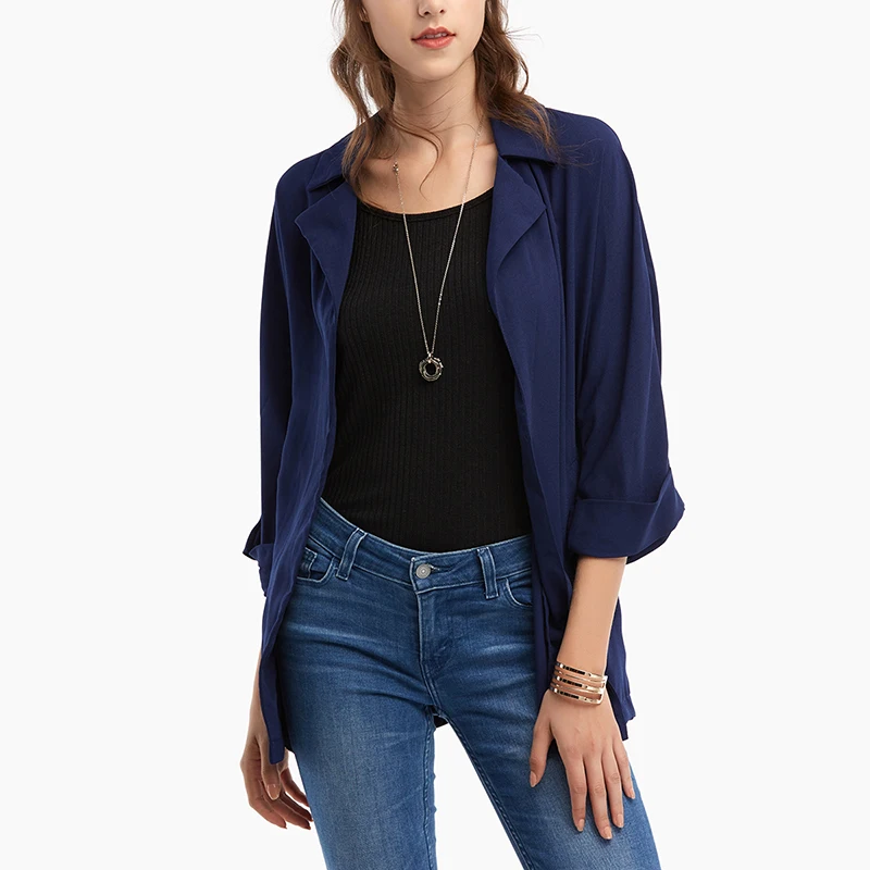 

Women Chiffon Cardigan Coat Autumn Three Quarter Sleeve Turn-Down Collar Lapel Coat Casual Solid Color Loose Jacket Plus Size
