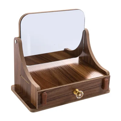 Деревянный ящик для хранения с вращающимся зеркалом для макияжа, Настольный стеллаж для хранения косметики, женский туалетный столик, полки для хранения - Цвет: Dark wood grain