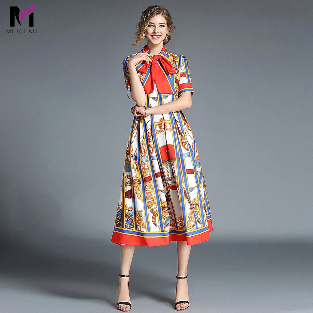 

Merchall 2019 Summer Runway Dress Women's Retro Striped Short Sleeves Bow Neck Vintage Flroal Printing Casual Long Shirt Dresses