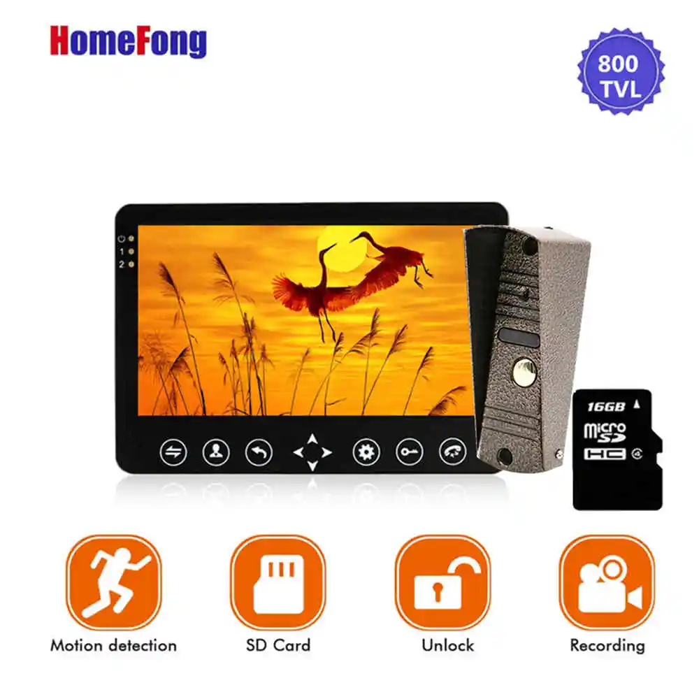 

Homefong 7 Inch Black Video Intercom Door Phone Doorbell With Camera SD Card Touch Button Unlock Record Waterproof