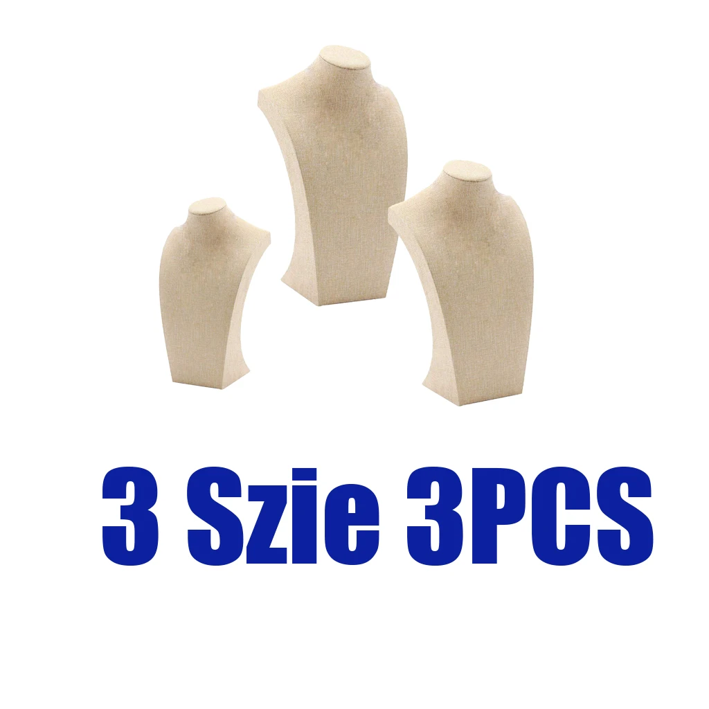 3 Pcs Linen Wooden Necklace Display Bust Stand Mannequin - Jewelry Holder for Necklaces Chain, Choker, Pendant - Beige