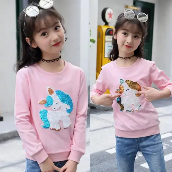 Новое поступление, розовый свитер с блестками и изображением единорога для девочек, детские осенние хлопковые Толстовки Детская одежда От 3 до 11 лет