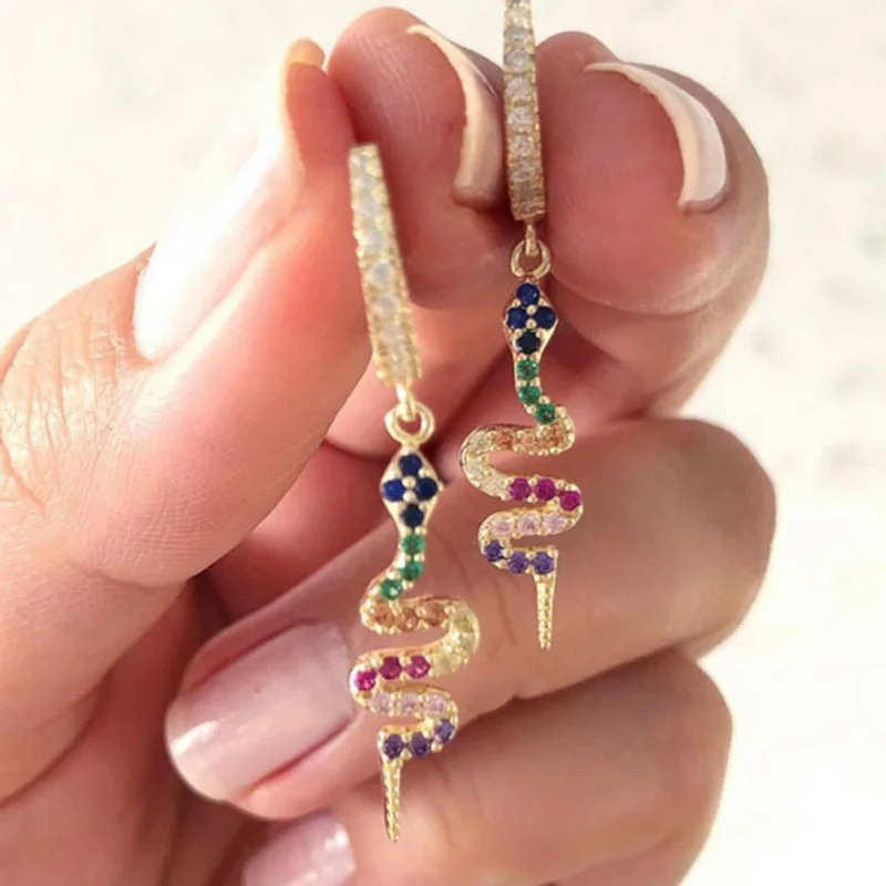 

New Gold Color Colorful Rhinestone Snake Drop Earrings for Women Fashion Long Serpentine Tassel Earring Pendientes Bijoux Z3M325