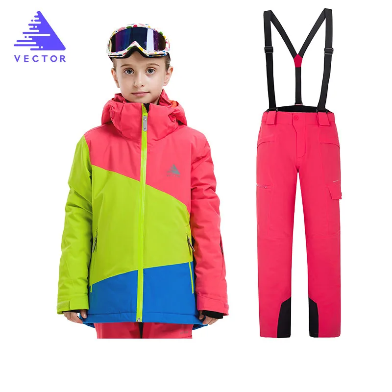 Детские лыжные комплекты лыжная куртка для девочек+ штаны, зимняя водонепроницаемая ветрозащитная детская Лыжная куртка для улицы, теплые костюмы с капюшоном, сноуборд-Спорт - Цвет: Girls1