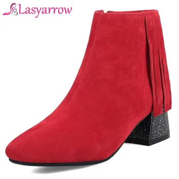 

Lasyarrow Women Ankle Boots Chunky High Heels Fringe Boots Spring Pointed Toe Sexy Shoes 2018 Female Boot Big Size 48 Black Red