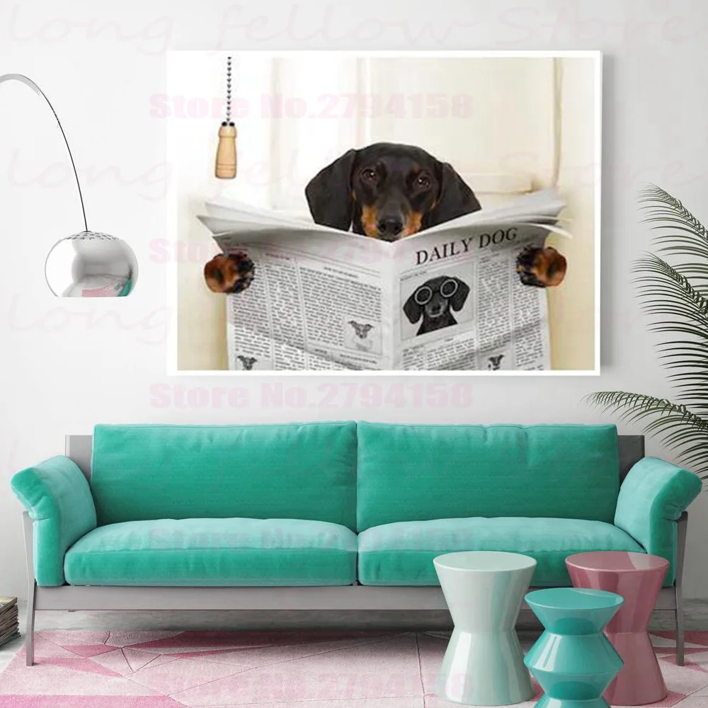 Puppies Reading Newspapers in the Bathroom Nordic Poster Canvas Print Abstract Artwork Pictures Office Room Decor Drop Shipping