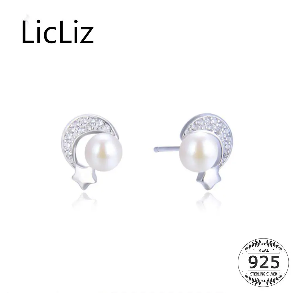 

LicLiz 2019 New Moon and Star Round White Pearl 925 Sterling Silver Stud Earring for Women White Gold Zircon Stud Jewelry LE0494