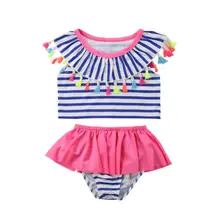 Комплект из 2 предметов; Комплект для маленьких девочек; полосатый бикини с оборками; Купальник; купальный костюм; плавательный костюм; комплект одежды