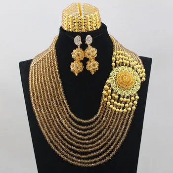 

10 Layers Champagne African Costume Jewelry Set Nigerian Wedding African Beads Jewelry Set Bridal Necklaces Free Shipping HX576