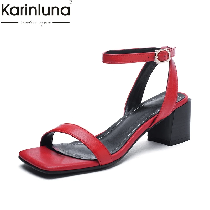 

KarinLuna Fashion elegant genuine leather party Shoes Woman Sandals cow leather square Heels summer Sandals women shoes