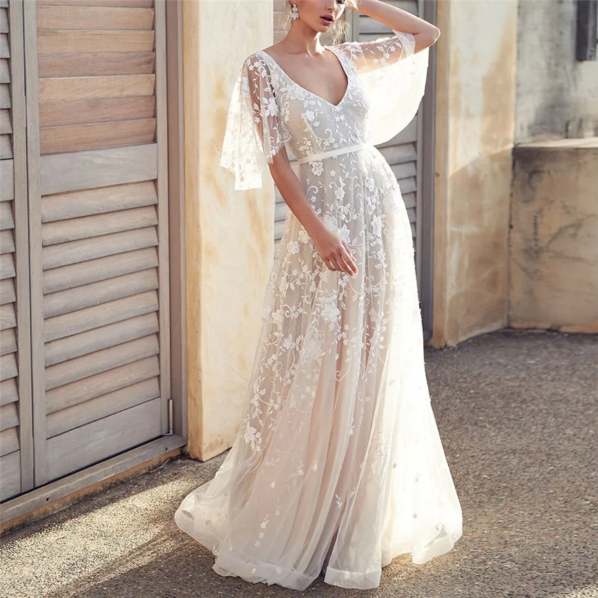 

Summer Dress Sexy Womens V Neck Short Sleeve Lace Vintage Gown Evening Party Dress 2019 Casual Vintage Sundress Elegant Dress