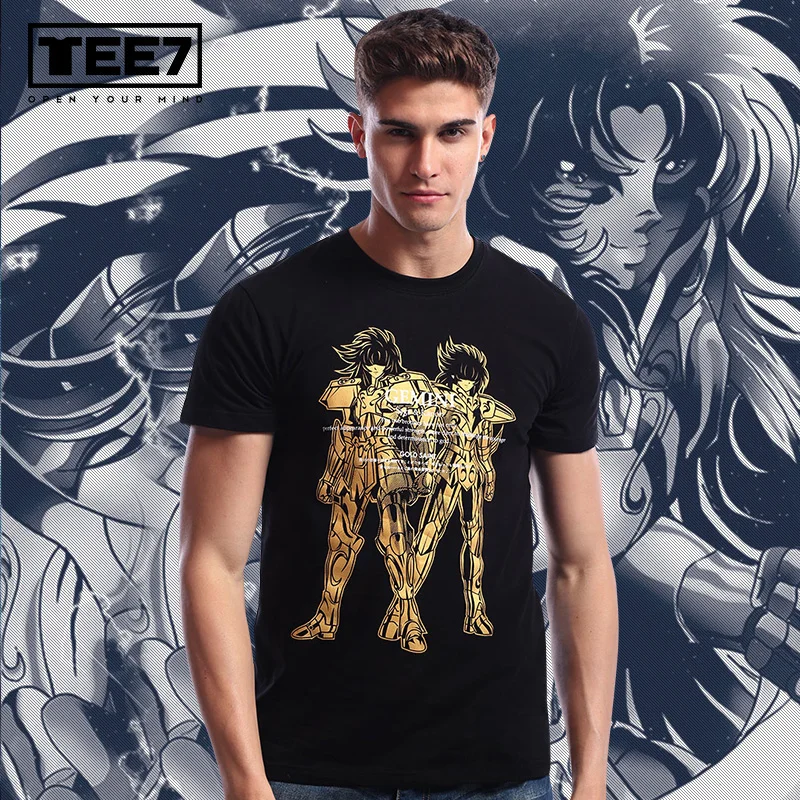 TEE7 Для мужчин Повседневное короткий рукав Футболка Японии аниме Saint Seiya Близнецы Братья Хлопка Мода Печатные Мужской Блуза Топ