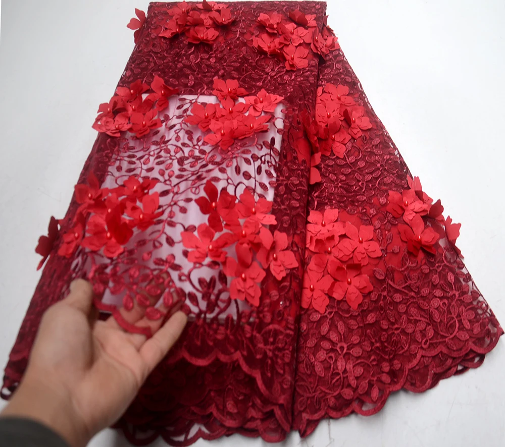 

Newest Red Color African Lace Fabric Applique French 3D Tulle Lace Fabric 2019 High Quality Lace Material Nigeria Lace Fabric