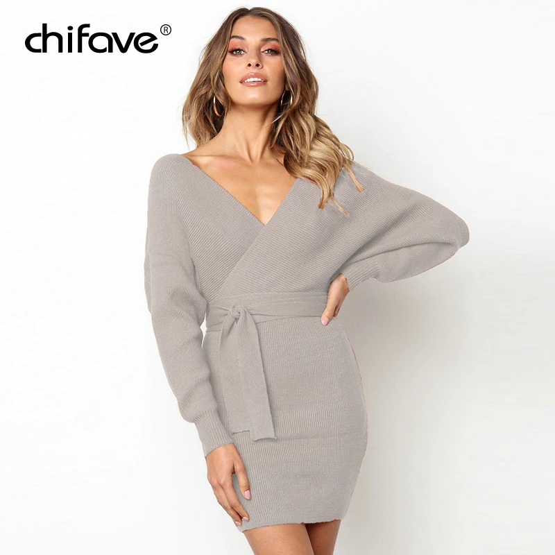 2018 Fashion Women Dress Casual Solid Long Batwing Sleeve Mini Female Autumn Spring Sexy V Neck Belt Party Dresses chifave | Женская