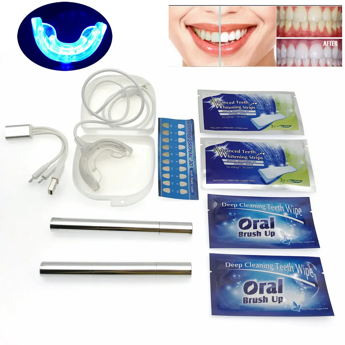 

1set Teeth Whitening Kit 16LED Teeth Whitening Pen Desensitize Strips Tooth Wipe Dust-Proof Box 3D White Bleach Oral Dental Care
