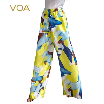 

VOA 2020 Summer Yellow Silk Loose Leisure Print Wide Leg Pants Plus Size Sashes Big Pocket Casual Holiday Beach Trouser KLH02103