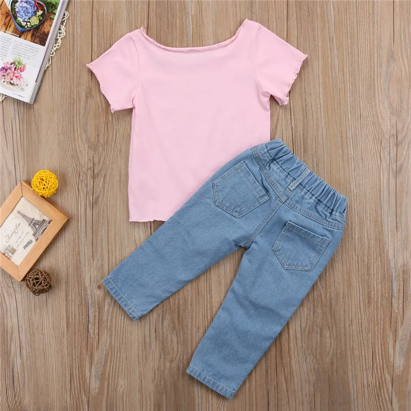 Летний повседневный комплект для маленьких девочек, хлопковая футболка Топы+ джинсовые штаны в сеточку комплект детской джинсовой одежды из 2 предметов