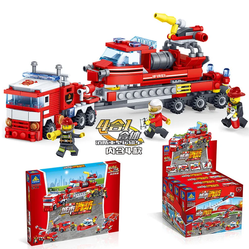 

4 in1 Fire Fighting Trucks Car Helicopter Boat Building Blocks Compatible Legoing City Firefighter Figures Children Toys 348pcs