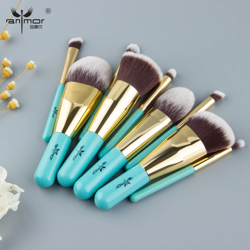 

Anmor 9PCS Make Up Brushes Travel Friendly Brand Brushes Set Professional Makeup Brushes Blue & Gold Color Fashion Kabuki Brush