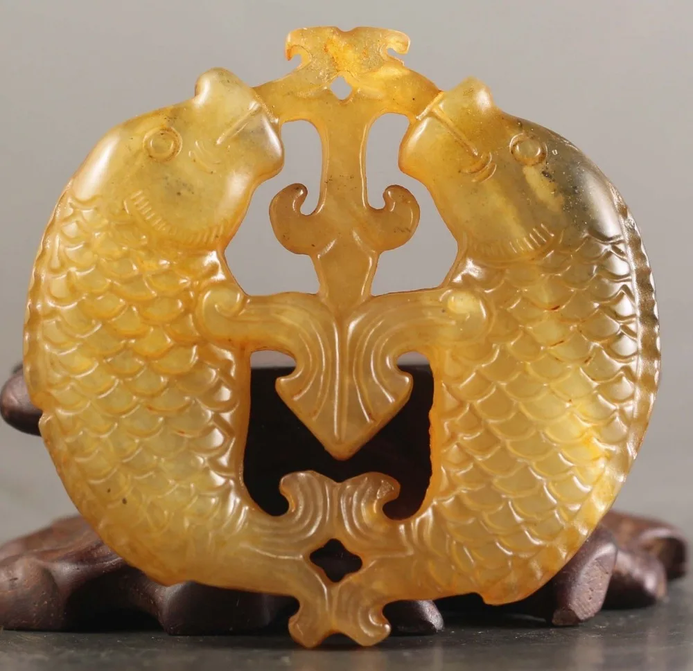 

Chinese old jade hand-carved statue double fish design pendant 2.1 inch