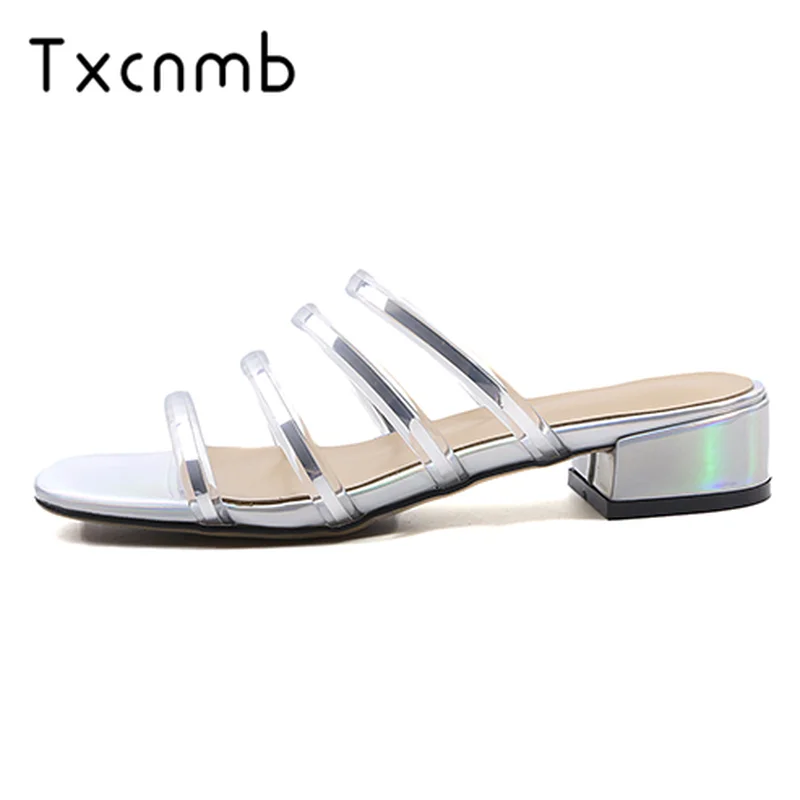 

TXCNMB shoes woman 2019 Women Sandals summer Transparent Film Coarse High Heel Square Open-toed Slingback Ladies Slippers