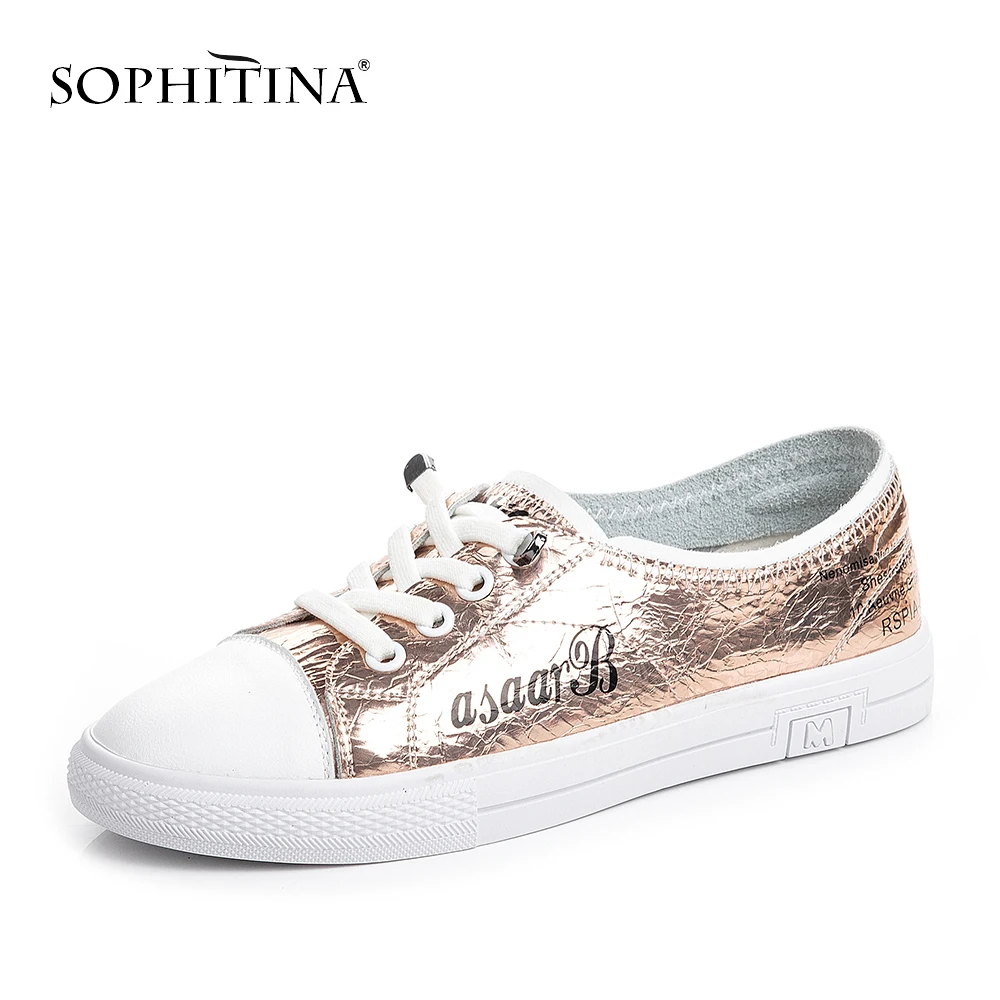 

SOPHITINA New Comfortable Flats Gold Silver Genuine Leather Casual Shoes Woman Lace-up Round Toe Handmade Flats For Girls PO192